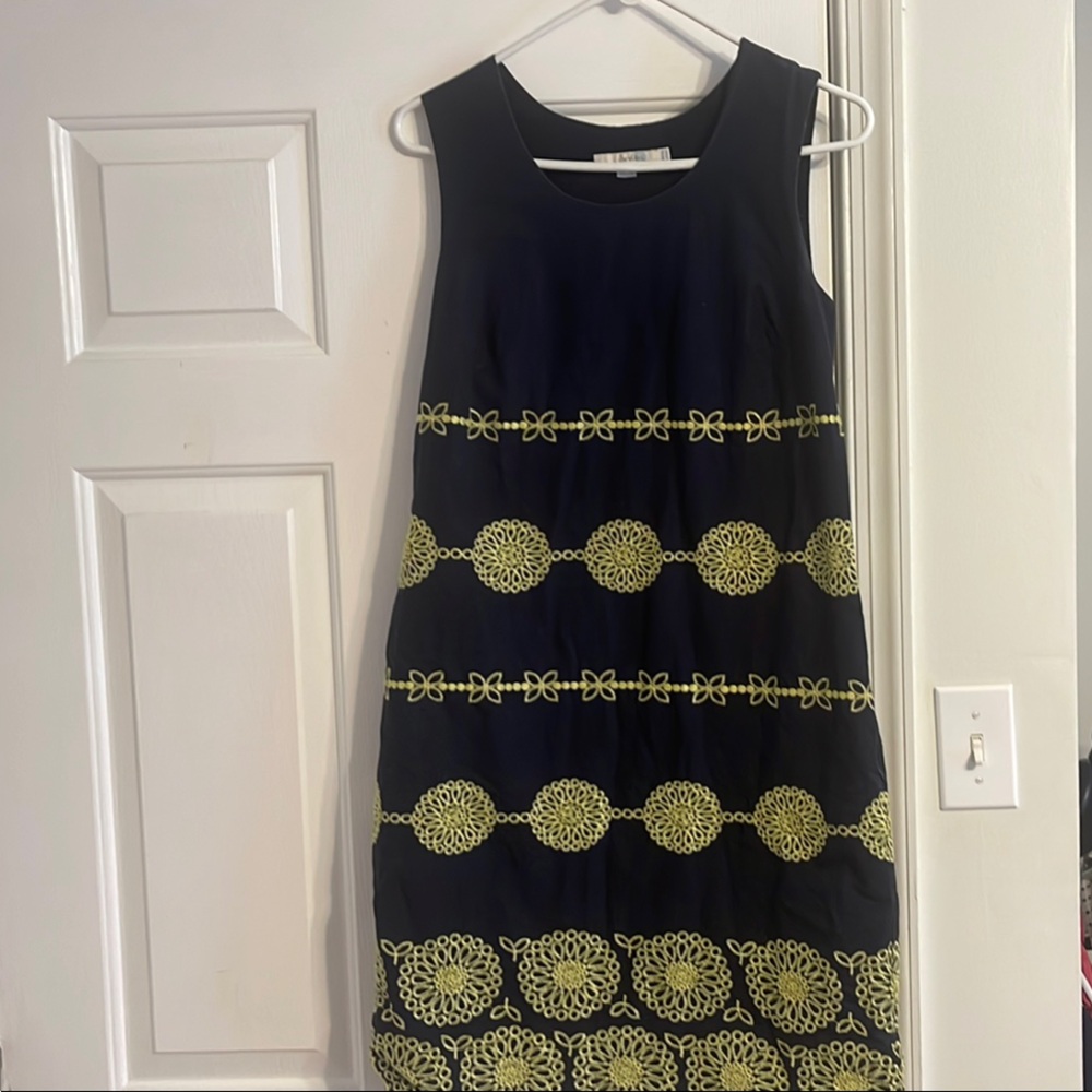 Boden Green and Blue Embellished Sheath Dress Sleeveless Crew Neck